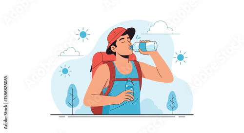 Thirsty Hiker Rehydrating With Water During Sunny Outdoor Adventure Vacation
