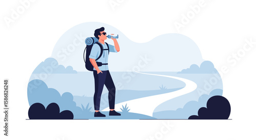 Thirsty Hiker Taking Break Enjoying Water During Outdoor Adventure On Trail