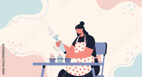 Woman Decorating Cupcakes With Frosting On A Table In A Cozy Kitchen