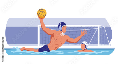 Dynamic Water Polo Action: Goalie Defending Player Shooting Vector Illustration.