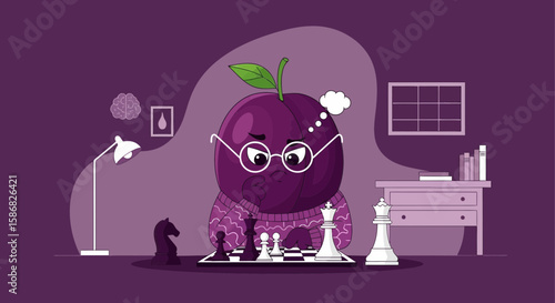Thoughtful Plum Character Contemplating a Chess Move Strategy Cartoon Illustration