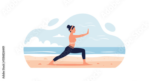 Woman Doing Tai Chi Practice On Seaside Minimalist Vector Illustration