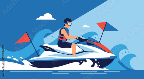 Thrilling Watercraft Adventure Man Riding Jet Ski on Summer Holiday