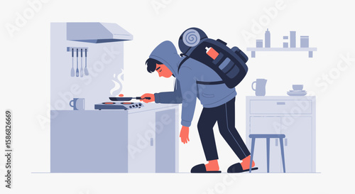 Tired Hiker Cooking After A Long Adventure In The Home Kitchen
