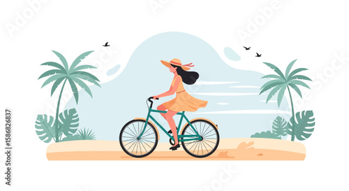 Woman Enjoying A Tropical Beach Bike Ride Under The Sunny Skies
