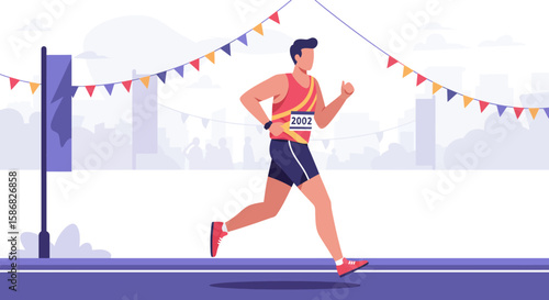 Marathon Runner in City Race Cheering Vector Illustration Flat Design.