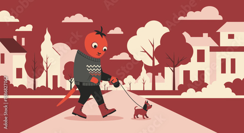 Tomato Character Walks His Dog On A Relaxing Day In The Suburbs