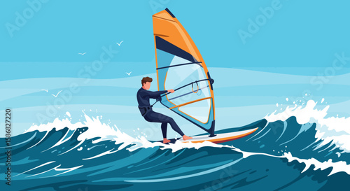Windsurfer Riding Waves: Vector Illustration of Summer Watersport Activity.