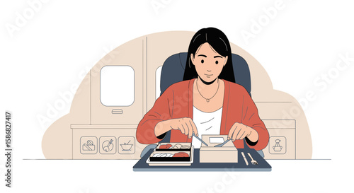 Woman Enjoying Inflight Meal On Airplane During Trip Concept