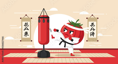 Tomato Martial Artist Cartoon Kicking Punching Bag In Dojo Training Scene