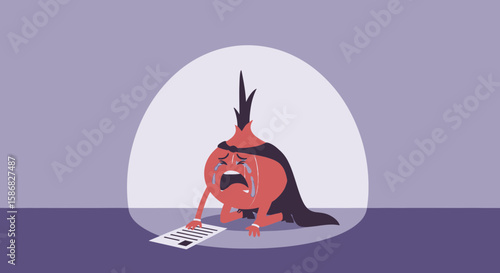 Tormented Onion Character Weeping Over Document Under Spotlight Illustration