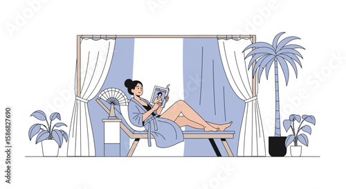 Woman Enjoying Leisurely Relaxation Reading on Deck Chair During Tropical Vacation