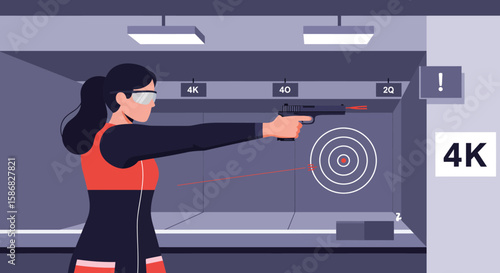 Focused Woman Practicing Precision Shooting at Indoor Range with Laser Sight.