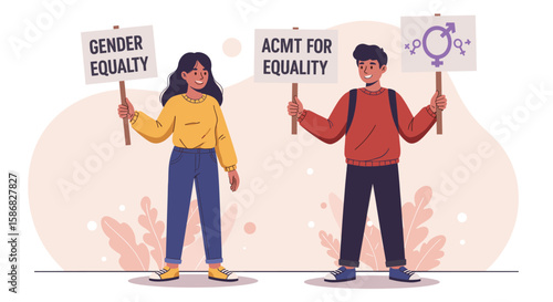 Two young people, a woman and a man, are standing together holding signs advocating for gender equality. 