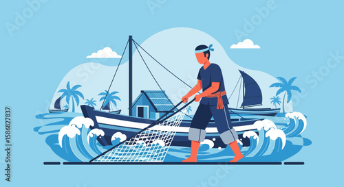 Traditional Coastal Fishermen Pulling Net in Seaside Village Marine Profession