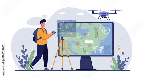 A man with a backpack is standing in a scenic outdoor area with a tripod and camera. He is capturing the view of a map displayed on a screen while a drone hovers above,