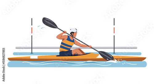 Kayaker Paddling Through Course Vector Illustration Sport Competition Water Race.