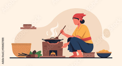 Traditional Cooking Woman Preparing Meal On Stove Using Firewood Vector Illustration