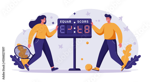 A man and a woman are standing near a tennis scoreboard with the score set to 0-0. The woman is holding a tennis racket while the man appears to be adjusting the scoreboard. 