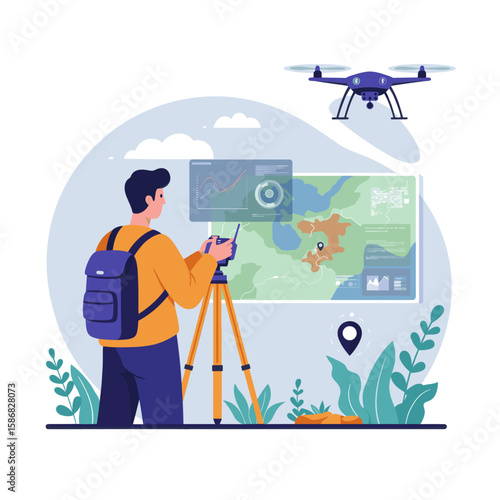 A man with a backpack is standing in a scenic outdoor area with a tripod and camera. He is capturing the view of a map displayed on a screen while a drone hovers above,