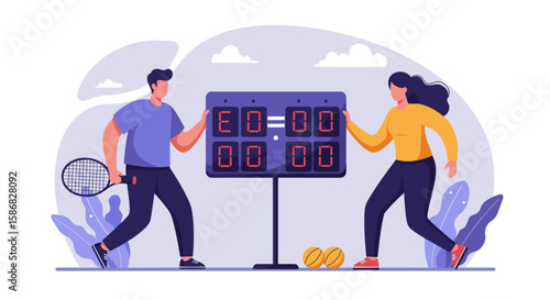 A man and a woman are standing near a tennis scoreboard with the score set to 0-0. The woman is holding a tennis racket while the man appears to be adjusting the scoreboard. 