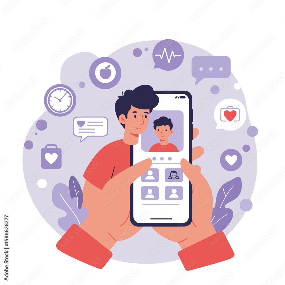A hand is holding a smartphone displaying a digital profile, surrounded by icons representing various functions such as messaging, health, and personal information. A hand is holding a smartphone displaying a digital profile, surrounded by icons representing various functions such as messaging, health, and personal information.