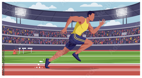 Dynamic Runner Sprinting in Stadium Vector Illustration Crowd Cheering Bright Lights.