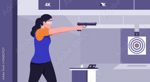 Woman Aiming Pistol at Target in Shooting Range Vector Illustration.