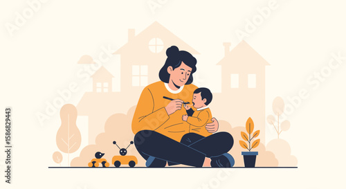 Woman Feeding Baby With Spoon In House Background For Family Concepts