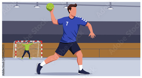 Handball Player Throwing Ball Towards Goalkeeper in Indoor Arena.