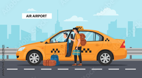 Traveler Arriving By Taxi At Airport For Vacation Or Business Trip