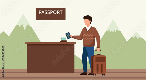 Traveler At Passport Control Ready For New Adventure With Beautiful Mountains View