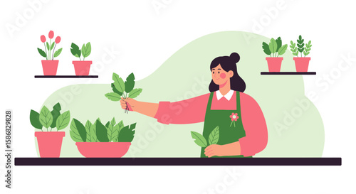 Woman Growing Plants In A Greenhouse Or Nursery Enjoying Gardening Activity