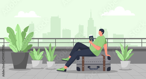 Traveler Checking Passport Ready For Vacation On City Rooftop Landscape