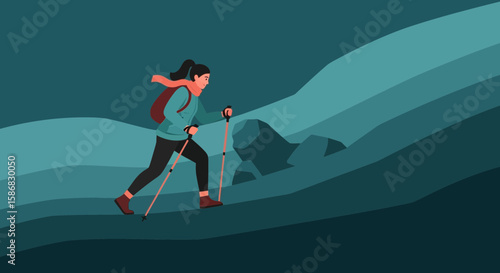 Woman Hiking Up Mountain With Trekking Poles Outdoor Adventure
