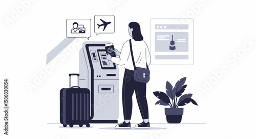 Traveler Checks In at Airport Kiosk Before Flight Enjoying Seamless Journey