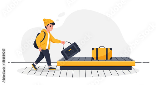 Traveler Claiming Luggage At Airport Conveyor Belt After Flight Journey
