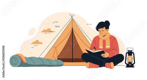 Woman In Nature: Camping Trip With Tent And Lantern Writing In Notebook