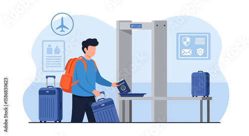 Traveler Passing Through Airport Security With Luggage And Passport Vector Illustration