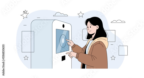 Woman Interacting With Touchscreen Display Of Information Kiosk In Public Space