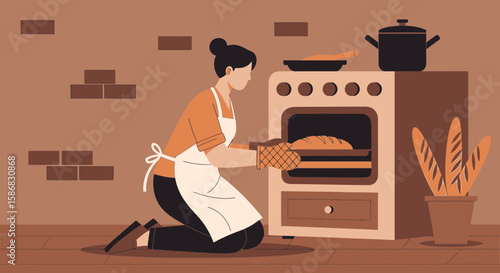 Woman Kneeling By Oven Baking Bread In Kitchen Creates Homemade Food