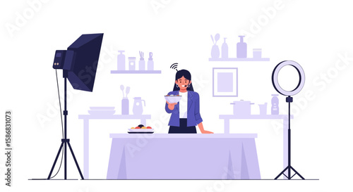 Woman Making Cooking Show With Professional Lighting And Presenting Plate