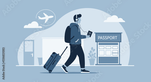 Traveler Preparing Passport At Airport For International Journey Illustration