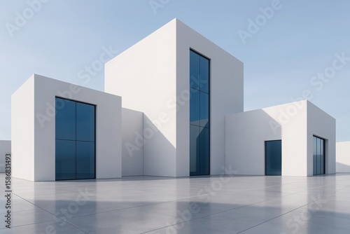 Modern minimalist white architecture with large blue glass windows and a clean concrete plaza under a clear sky