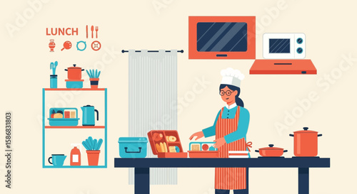 Woman Packing Lunchbox In Kitchen For School Or Work Culinary Illustration