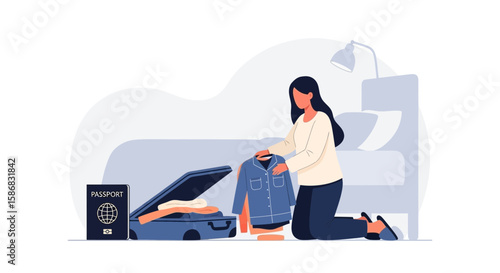 Woman Packing Suitcase With Passport Before Departure For Vacation In Minimalist Style