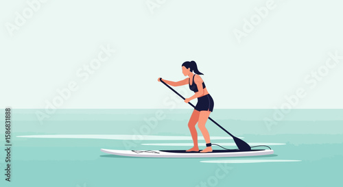 Woman Paddleboarding Enjoying Water Activity On A Calm Day At The Ocean