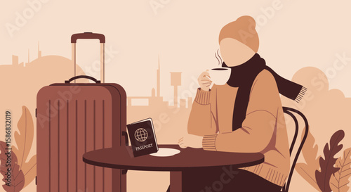 Traveler Taking Break Enjoying Coffee With City View At Cafe Ready For Adventure