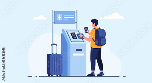 Traveler Using Self Check-In Kiosk At Airport For Flight Boarding Process