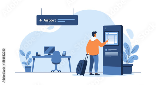 Traveler Using Self-Service Kiosk For Flight Check-In At Airport Departure Terminal